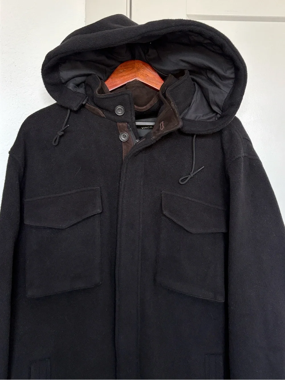 VINCE WOOL BLACK FIELD HOODED JACKET MENS XXL